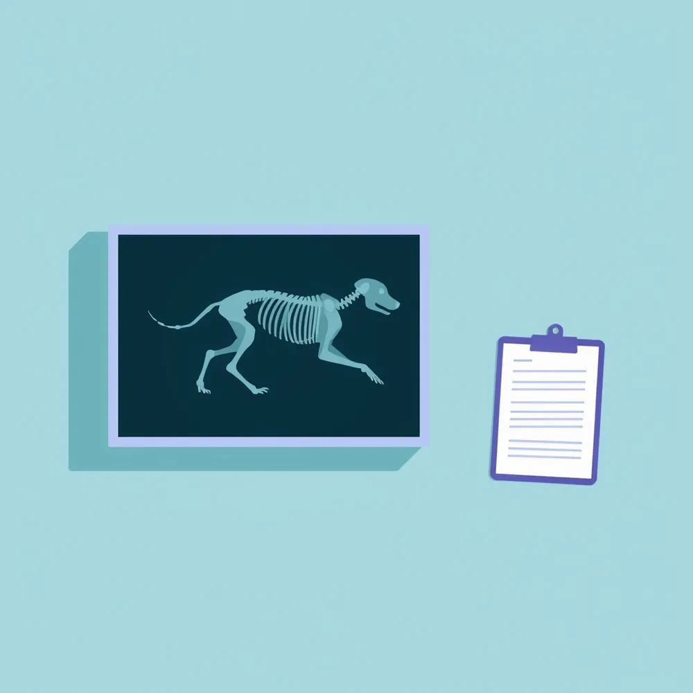 Ilustración: la radiografía de un perro en un negatoscopio, junto a una planilla